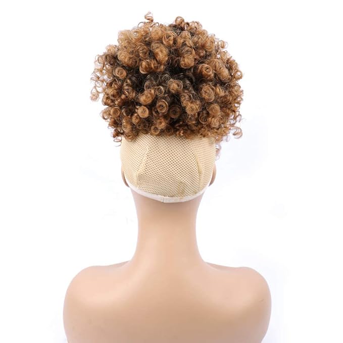 ENTRANCED STYLES Drawstring Ponytail with Bangs Afro Puff Ponytail Extensions for Women Short Curly Puff Ponytail with Bangs Clip in Wrap Updo Hairpiece for Women(#T30)