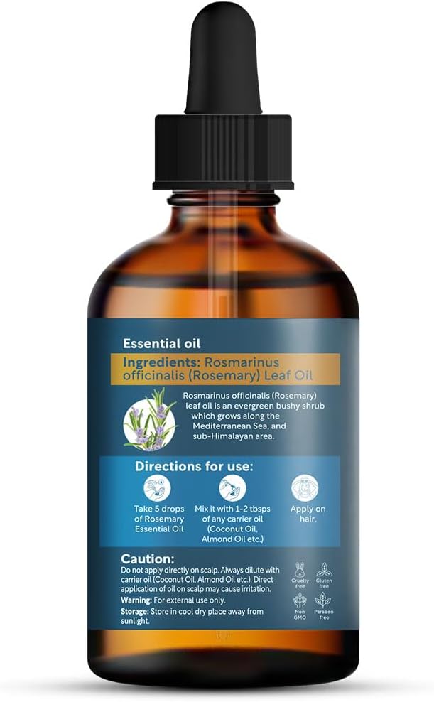 Rosemary Essential Oil for Hair - Huge 3.3 Fl Oz - 100% Pure - Premium Grade with Glass Dropper, Undiluted, Non-GMO