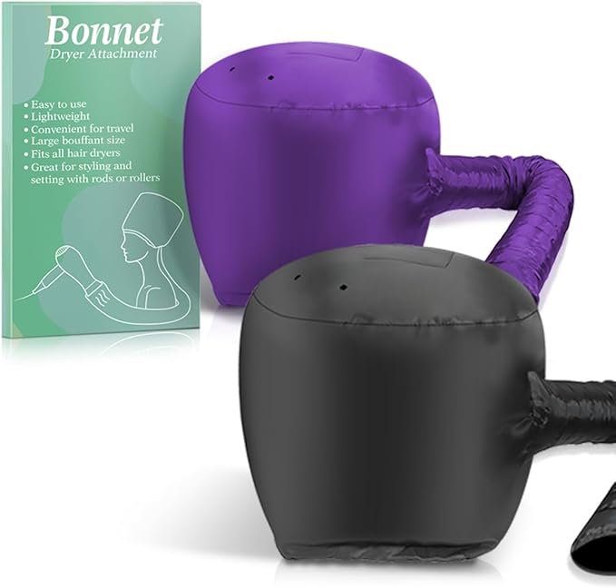 2 Pack Hooded Hair Dryer Bonnet - Fast-Drying for Natural Hair, Deep Condition, Styling & Curls - Even Heat, Portable Lightweight Travel (Black Purple)
