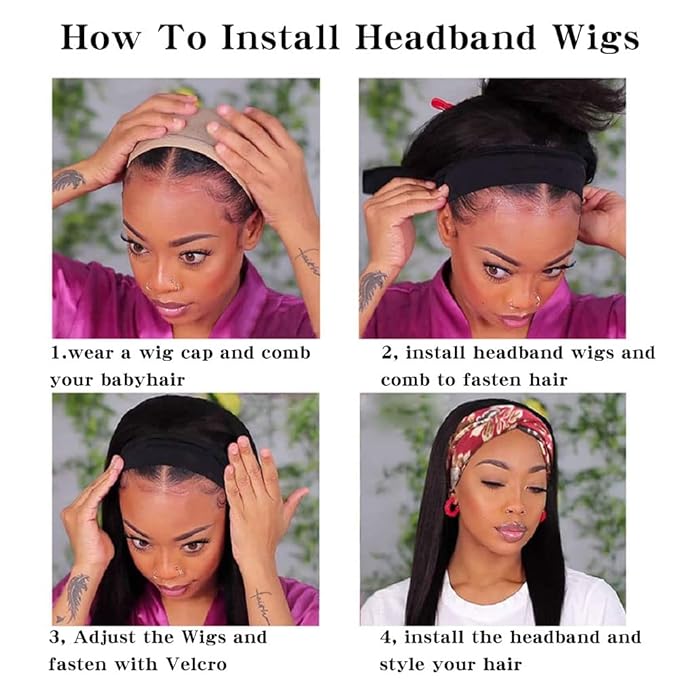 AISI QUEENS Headband Wig Human Hair For Black Women Bob Wigs Glueless Human Hair Short Headband Wigs (10 Inch)