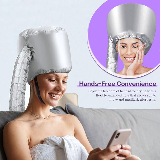 Hooded Hair Dryer Bonnet - Fast-Drying Bonnet Hair Dryer for Natural Hair, Deep Conditioning, Styling, & Curl Enhancing - Adjustable Fit, Heat Distribution, Portable & Lightweight for Travel(Silver)
