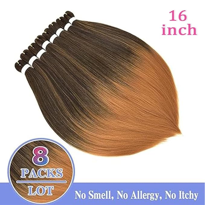 8 Pack Ombre Braiding Hair Pre Stretched - 16" 55G/Pack Premium Pre Stretched Braiding Hair Extensions, Professional Itch Free Hot Water Setting Perm Yaki Texture Prestretched Hair (1B27)
