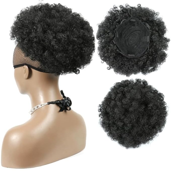 Real Human Hair Afro Kinky Curly Puff Drawstring Ponytail High Puffs Drawstring Bun 2 Clips in Hairpieces Updo Donut Chignon Short Curly Hair for Black Women (6 inch)