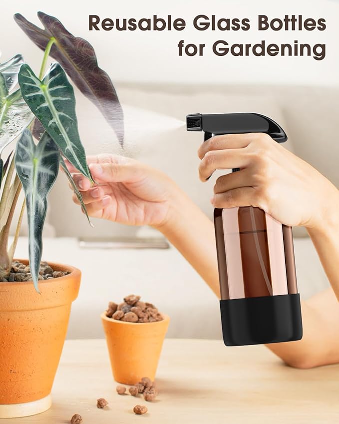 Glass Spray Bottle with Silicone Sleeve Protection, Amber Glass Spray Bottle Set for Window Cleaner Aromatherapy Facial Hydration Watering Flowers Hair Care 2 Pack/16 oz (Black & Grey, 16 oz)