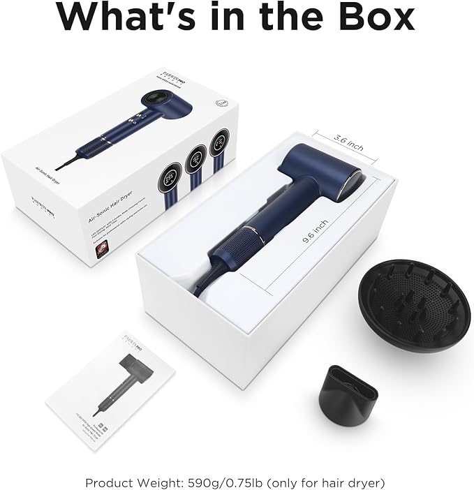 Hair Dryer, PARWIN PRO BEAUTY Fast Drying Blow Dryer with Diffuser, 110,000 RPM High Speed Hair Dryer with HD Display, 200 Million Negative Ions for Frizz Smoothing, 2 Speeds & 3 Temps, Prussian Blue