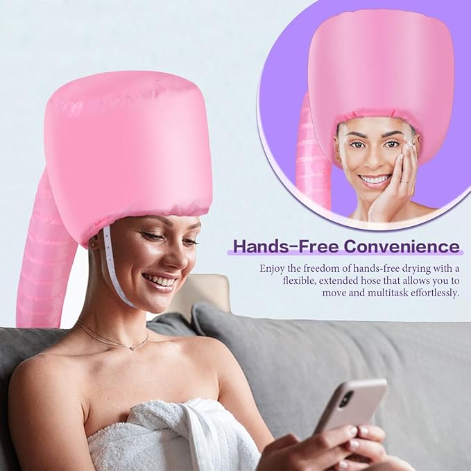 Hooded Hair Dryer Bonnet - Fast-Drying Bonnet Hair Dryer for Natural Hair, Deep Conditioning, Styling, & Curl Enhancing - Adjustable Fit, Heat Distribution, Portable & Lightweight for Travel(Pink)