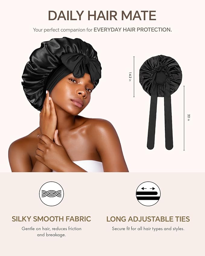 Silk Bonnet for Sleeping Women Double Layer Hyaluronic Acid Satin Bonnet with Adjustable Tie Band Sleep Cap for Curly Hair