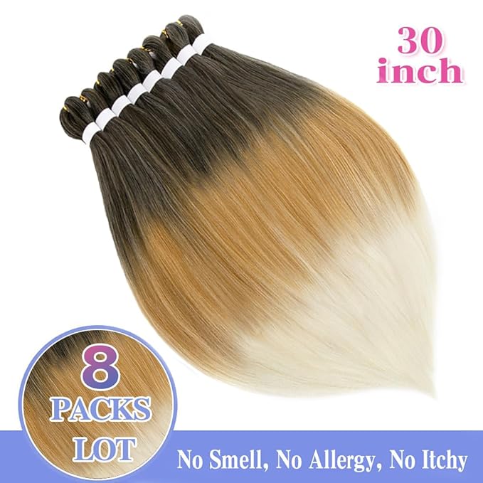 8 Pack Ombre Braiding Hair Pre Stretched - 30" 90G/Pack Premium Pre Stretched Braiding Hair Extensions, Professional Itch Free Hot Water Setting Perm Yaki Prestretched Hair(1B/27/613)