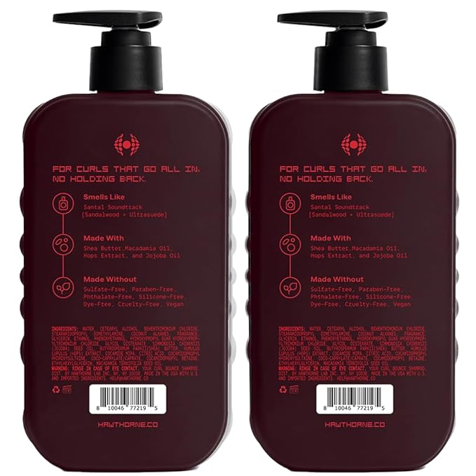 Hawthorne Curl Bounce Shampoo. Mens Curly Hair Shampoo with Shea Butter, Macadamia Oil, and Coconut Oil to Hydrate Curls and Tame Frizz. Sulfate & Paraben Free, Mens Natural Shampoo. 16 fl oz. 2-Pack.