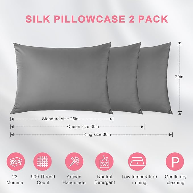 100% Silk Pillowcase 2 Pack for Hair and Skin, Both Sides 23 Momme Grade 6A+ Mulberry Silk Pillowcases with Hidden Zipper, Soft&Smooth Cooling Pillow Cases (Gray, Queen 20×30)
