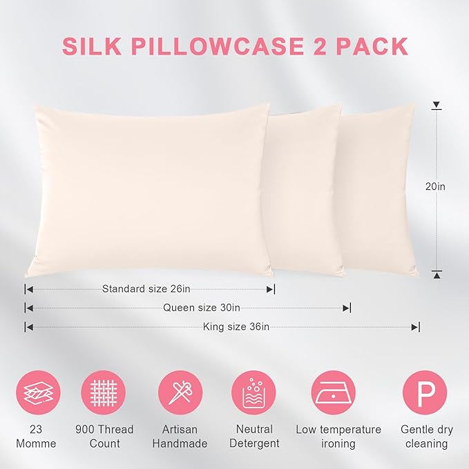 100% Silk Pillowcase 2 Pack for Hair and Skin, Both Sides 23 Momme Grade 6A+ Mulberry Silk Pillowcases with Hidden Zipper, Soft&Smooth Cooling Pillow Cases (Beige, Standard 20×26)