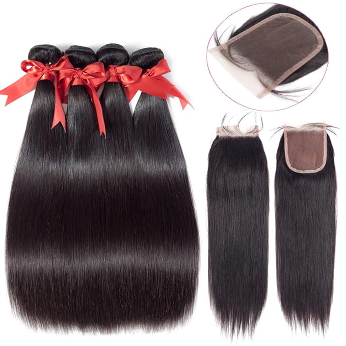 Straight Hair Bundles with Closure (24 26 28+20 Closure) 100% Brazilian Straight Virgin Hair 3 Bundles with Lace Closure Free Part Human Hair Extensions Natural Black Color