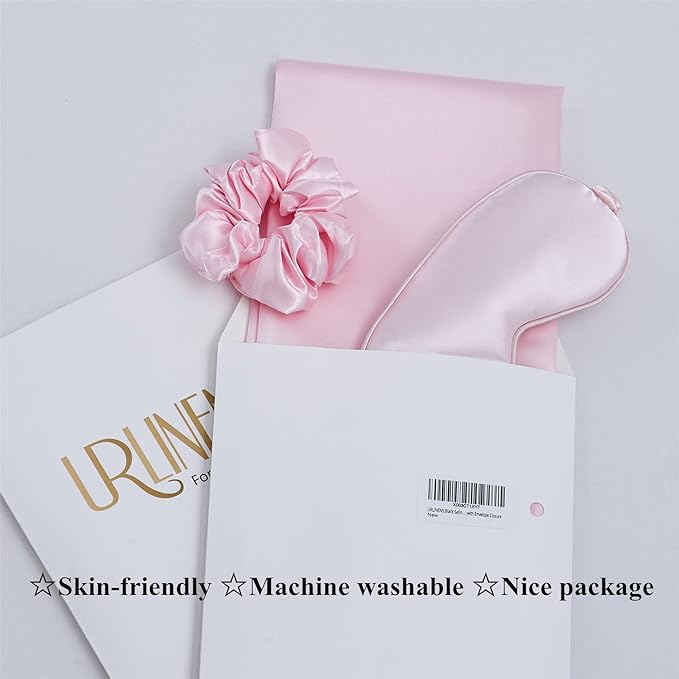 Satin Pillowcase for Hair and Skin, Super Soft Vegan Silk Sleep Set-2 Satin Pillow Cases Standard Size, 1 Eye Mask, 1 Scrunchie, Self Care Essential Satin Night Routine Kit, Pink Leopard