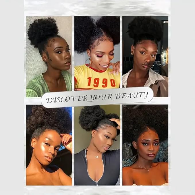 Afro Puff Ponytail Drawstring Wigs for Black Woman 6 Inch Natural Black 100% Human Hair Puff Ponytail Extension Clip On Kinky Drawstring Curly Ponytail Bun Durable Natural Soft and Smooth Hairpiece