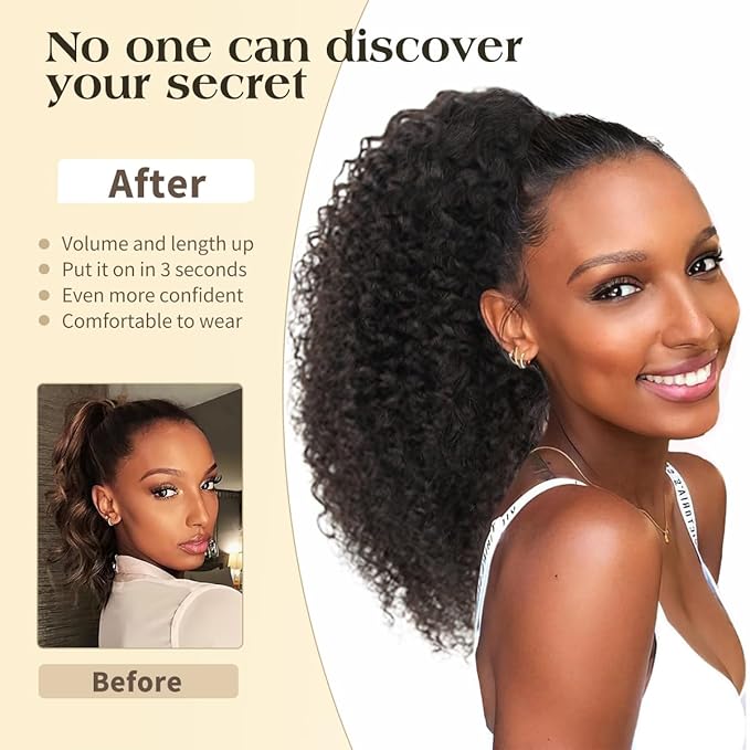 isheeny Natural Black Drawstring Ponytail 100% Human Hair Extension for Black Women 18Inch Voluminous Curly Style