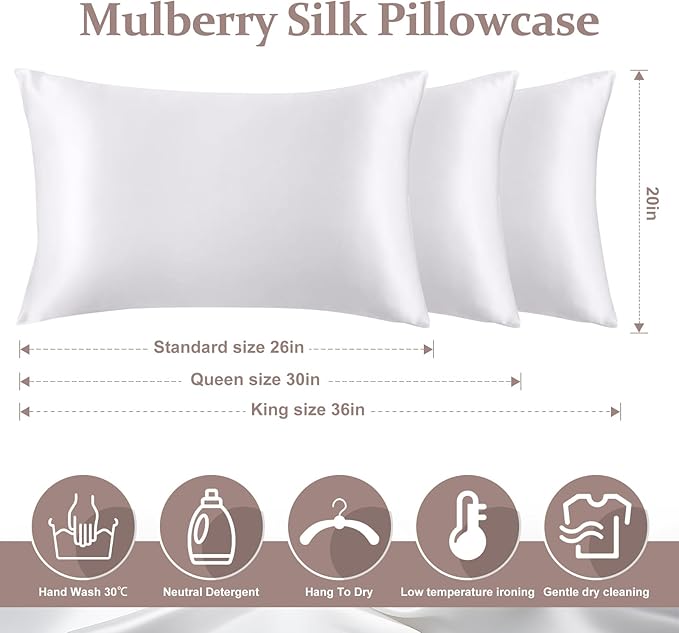 2 Pack 100% Pure Silk Pillowcase for Hair and Skin, Both Sides Mulberry Silk Pillowcases with Hidden Zipper, Cooling Pillowcase 19 Momme, 600 Thread Silk Pillow Cases King Size, White