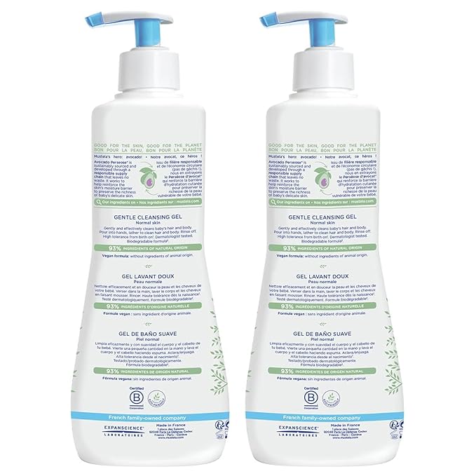 Mustela Baby Gentle Cleansing Gel - Baby Hair & Body Wash - with Natural Avocado fortified with Vitamin B5 - Biodegradable Formula & Tear-Free – 16.90 Fl Oz (Pack of 2)