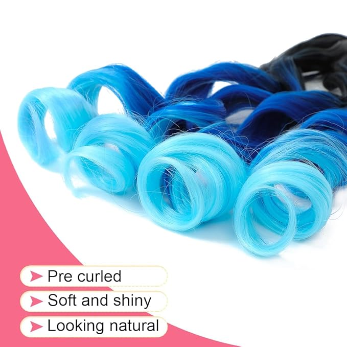 Ombre blue French Curly Braiding Hair 24 Inch 6 Packs Black Loose Wave Bouncy Crochet Hair Pre Stretched 100g/pack Yaki Curly Braiding Hair for Black Women Hair Extensions (Ombre blue)