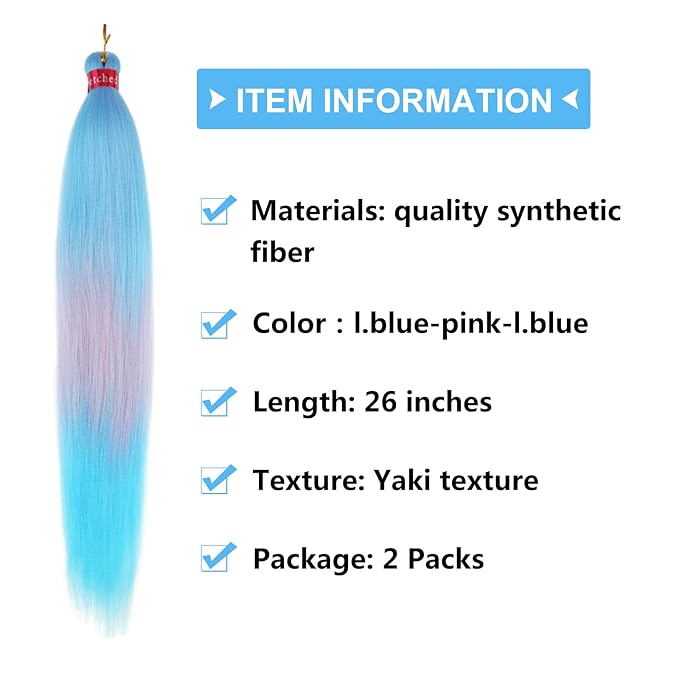 L.Blue/Pink/L.Blue Braiding Hair Pre Stretched 2 Packs Box Braids Hair Extensions 26 Inches Synthetic Pre Stretched Braiding Hair…