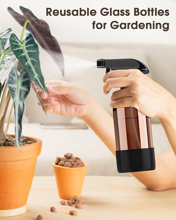 Glass Spray Bottle with Silicone Sleeve Protection, Amber Glass Spray Bottle Set for Window Cleaner Aromatherapy Facial Hydration Watering Flowers Hair Care 2 Pack/8 oz (Black)