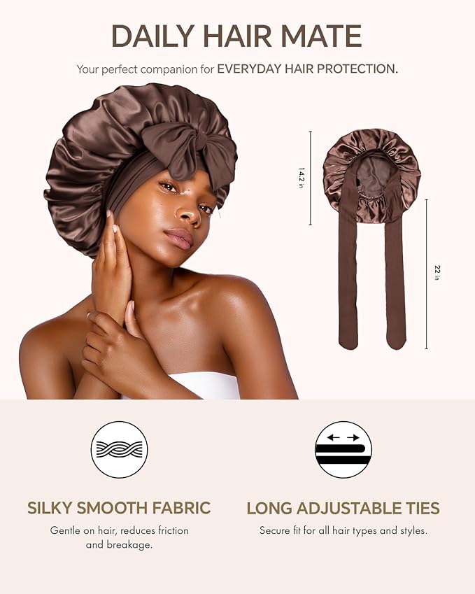 Silk Bonnet for Sleeping Women Double Layer Hyaluronic Acid Satin Bonnet with Adjustable Tie Band Sleep Cap for Curly Hair