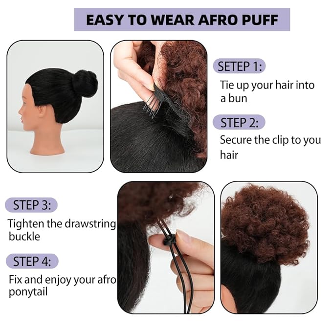 YEAME Afro Puff Drawstring Ponytail for Black Women, Short Kinky Curly Afro Ponytail Synthetic Hair Puffs, Premium Auburn Brown Afro Bun Drawstring Ponytail for Women Girls (33 Auburn Brown)