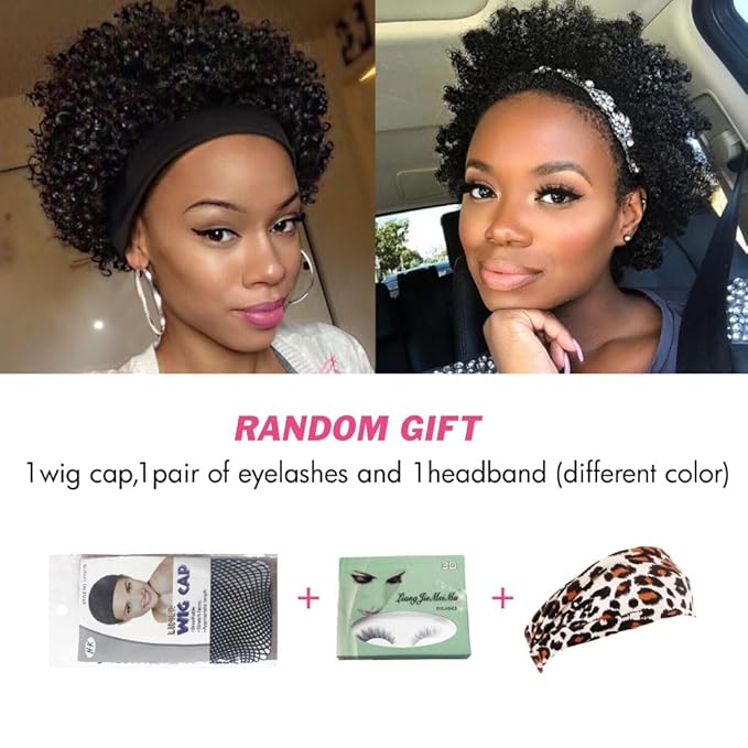 Afro Headband Wig Black Short Afro Kinky Curly Wigs for Black Women Glueless Afro Wigs with headbands attached Synthetic with 2 Clips(1b)