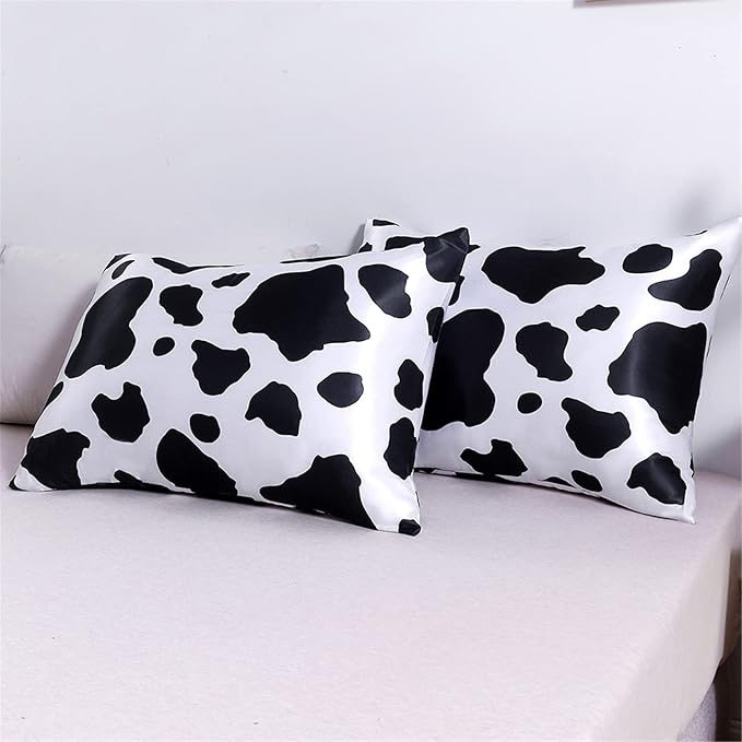 Satin Pillowcase for Hair and Skin Cow Print Silk Satin Pillowcase 2 Pack Standard Size Pillow Cases Set of 2 Cooling Silky Pillow Cover with Envelope Closure (20x26 inches, Cow)