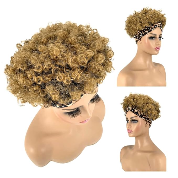 Afro Headband Wig Short Afro Kinky Curly Wigs for Black Women Glueless Afro Wigs with headbands attached Synthetic with 2 Clips(T1B/27)