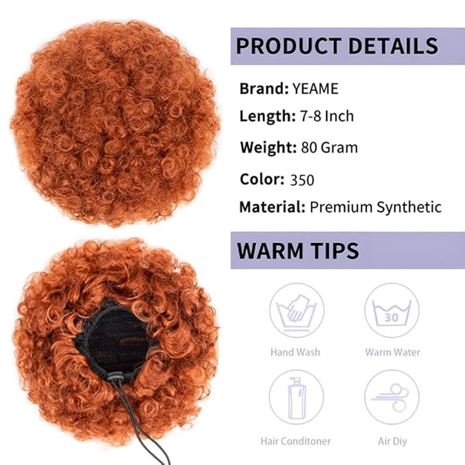 YEAME Afro Puff Drawstring Ponytail for Black Women, Short Kinky Curly Synthetic Hair Puffs, Purple Bun for Women Girls (Dark Orange)