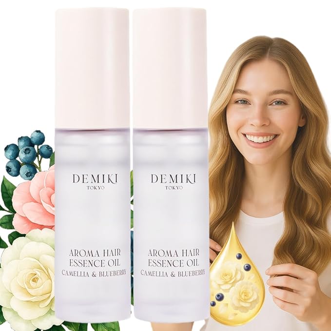 DEMIKI Japanese Hair Oil - Hair Oil for Frizzy and Damaged Hair -Hydrating Hair Oils - Frizz Control & Heat Protection, Curly Hair - Camellia&Blueberry 1.18 fl.oz-2pcs