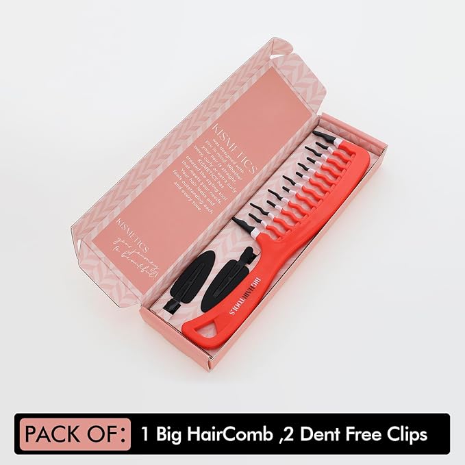 Big Hair Tools Extra Large Wide Tooth Comb for Thick, Curly, Wavy or Long Hair - Frizz-Free Detangling Shower Comb - Big Hair Comb and 2 Dent Free Clips