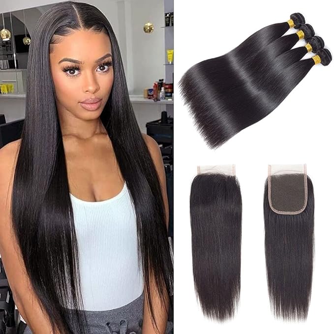 Brazilian Straight Hair 3 Bundles with 4x4 Lace Closure Free Part Double Weft 100% Unprocessed Virgin Remy Straight Human Hair Bundles with Closure for Black Women (12 14 16+12'' Closure)…