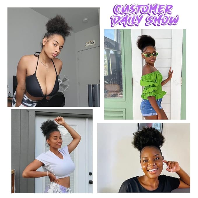 YEAME Afro Puff Drawstring Ponytail for Black Women, Short Kinky Curly Afro Ponytail Synthetic Hair Puffs, Premium Brown Afro Bun Drawstring Ponytail for Women Girls (2 Black Brown)