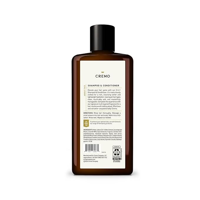 Cremo Bourbon & Oak 2-in-1 Shampoo & Conditioner, Barber Grade Quality That Moisturizes and Cleanses All Hair Types, 16 Fluid Ounce