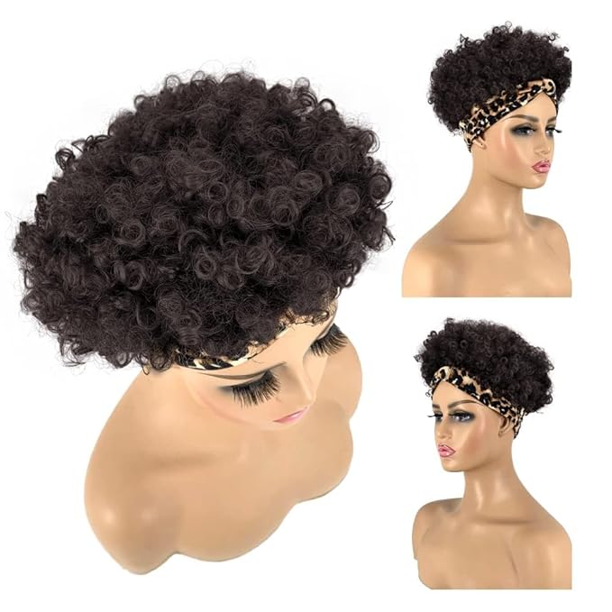 Afro Headband Wig Short Afro Kinky Curly Wigs for Black Women,Natural Black Glueless Afro Wigs with headbands attached Synthetic with 2 Clips(2# Natural Black)