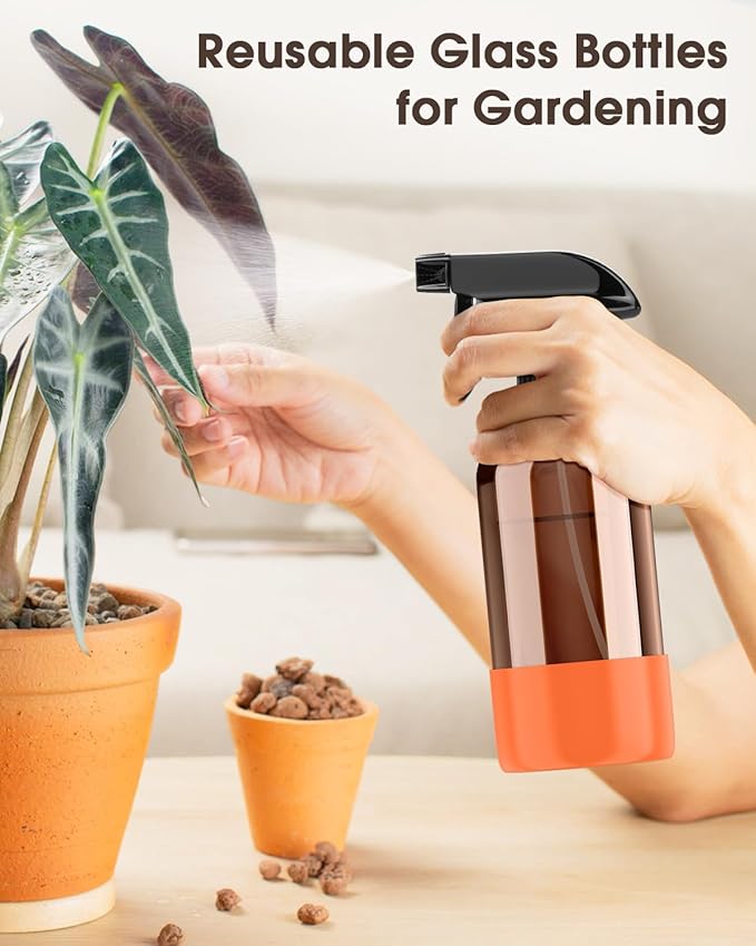 Glass Spray Bottle with Silicone Sleeve Protection, Amber Glass Spray Bottle Set for Window Cleaner Aromatherapy Facial Hydration Watering Flowers Hair Care 2 Pack/16 oz (Black & Orange, 16 oz)