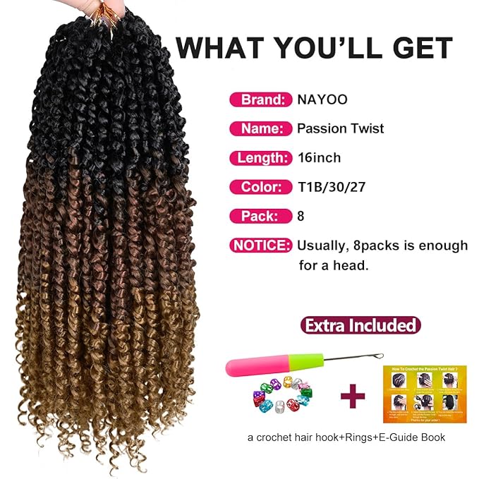 NAYOO Passion Twist Hair - 8 Packs 16 Inch Passion Twist Crochet Hair For Women, Crochet Pretwisted Curly Hair Passion Twists Synthetic Braiding Hair Extensions(16 Inch 8 Packs, T1B/30/27)