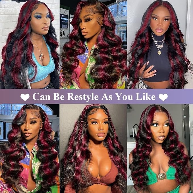 MEGOOD 99j Burgundy Lace Front Wigs Human Hair Pre Plucked 250 Density 13x6 Highlight Burgundy Wig Human Hair for Women HD Transparent 13x6 Body Wave Lace Frontal Wigs Glueless Wine Red Wig 22 Inch