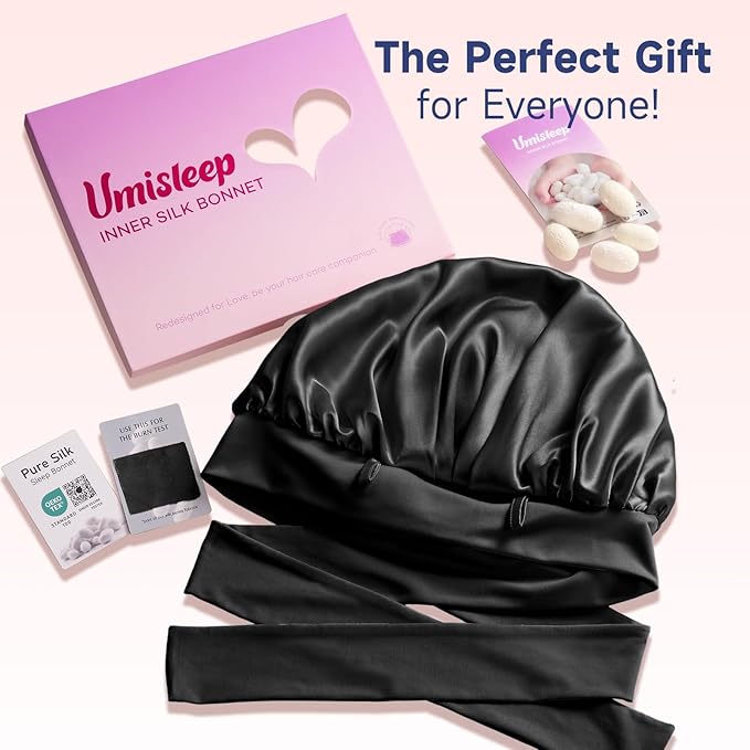 Umisleep Silk Bonnet, Soft Hair Bonnet for Sleeping, Real Mulberry Silk Lining, Bonnets for Women Hair Care, Double Layer Hair Cap with Tie, Large Silk Hair Wrap for Curly Long Hair, Black