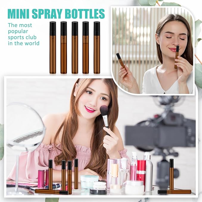 Zhehao 25 Pcs Mini Spray Bottles 10 ml Clear Glass Perfume Bottles Refillable Fine Mist Perfume Atomizer Portable Empty Sample Containers for Cleaning, Essential Oils, Travel (Amber)