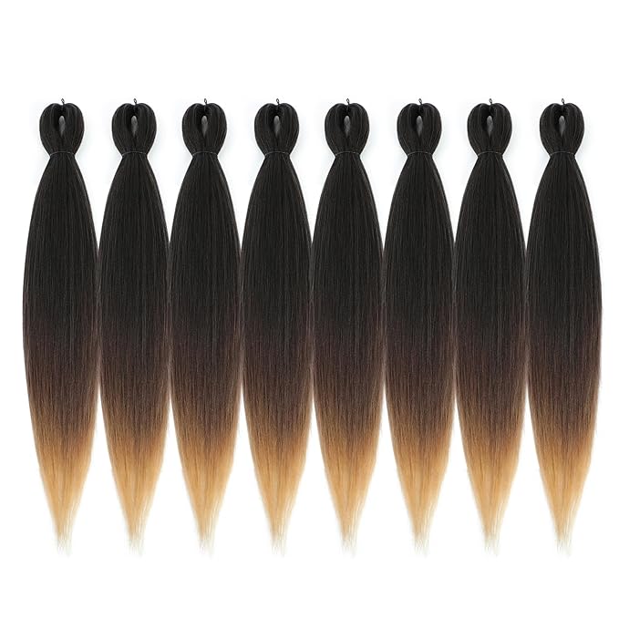 Pre-stretched Braiding Hair - 28 Inch 8 Packs 3 Tones Ombre Brown Braiding Hair For Twist or Box Braids, Yaki Texture Hot Water Setting Synthetic Long Braiding Hair (28 Inch, 1B/30/27-8P)
