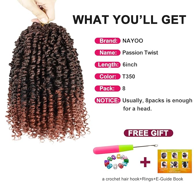 Passion Twist Hair For Kids - 8 Packs 6 Inch Passion Twist Crochet Hair For Women, Crochet Pretwisted Curly Hair Passion Twists Synthetic Braiding Hair Extensions(6 Inch 8 Packs, T350)