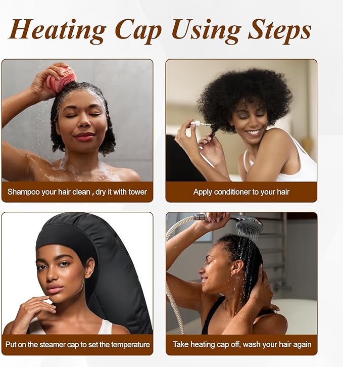 Heated Cap for Deep Conditioning: Upgraded Extra Large 10-Level Fast Heating 3 Time Settings Hair Steamer Cap for Natural Black Hair Portable Thermal Steam Cap for Home Hair Treatment - Deep Black