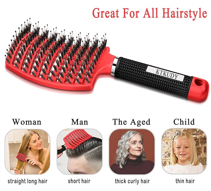 KTKUDY Detangling Brush Boar Bristles Hair Brush Make Hair Shiny & Healthier Curved and Vented Detangler Brush for Women Men Kids Wet and Dry Hair (Red)