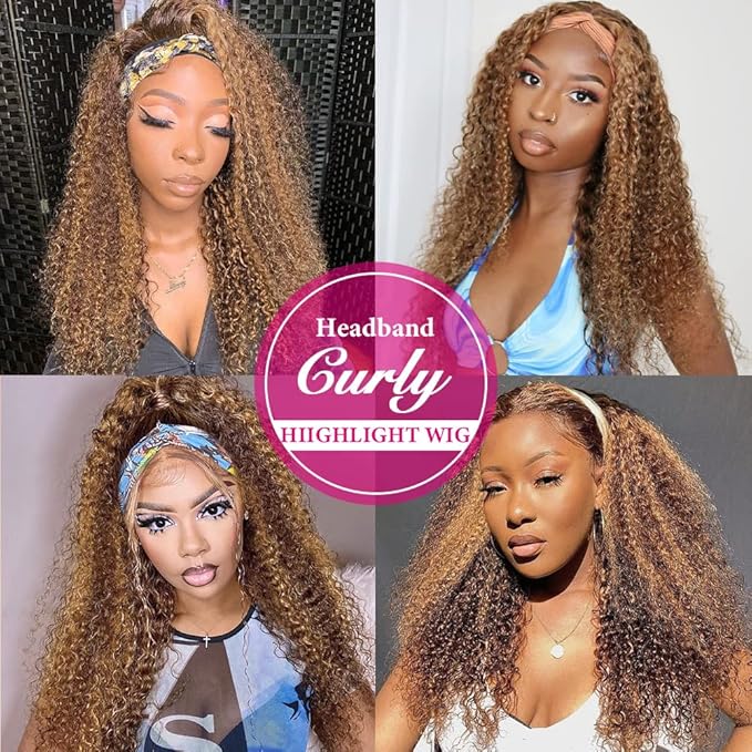 Eooma #4/30 Omber Headband Wig Curly Human Hair Wigs for Black Women 10A 180% Density Brazilian Kinky Curly Human Hair Headband Wigs Scarf No Gel Gluelees 22 Inch Remy Hair