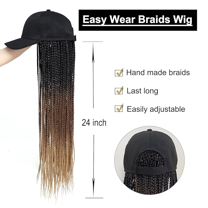 Hat Wig for Women Baseball Cap with Braided Hair Attached 24inch long Synthetic Ombre Box Braid Wig Hat Adjustable Cap with black brown light brown Braids for Daily Outdoor Use (B-53)