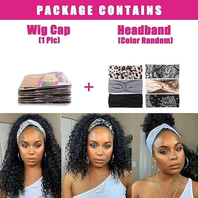 AISI QUEENS Highlight Headband Wigs for Black Women - Glueless Curly Human Hair Wig (12 Inch)