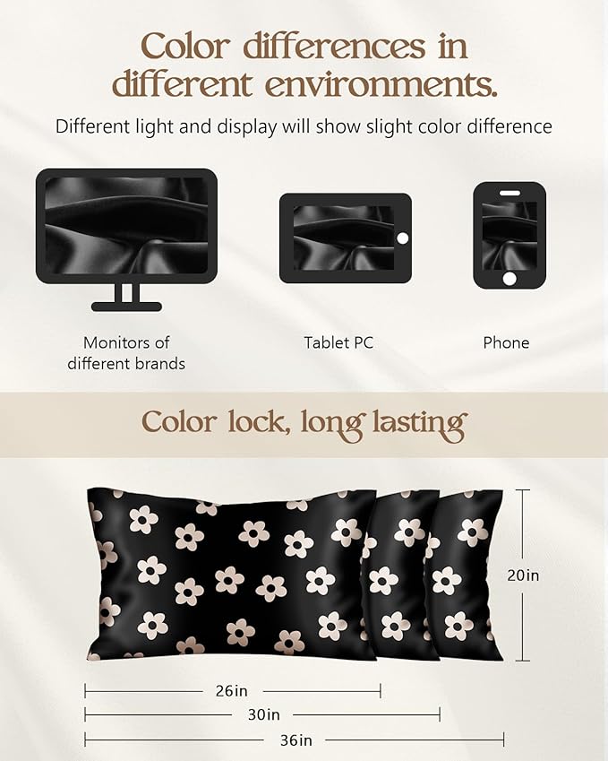 Silk Pillowcase 2 Pack - Cute Pillow Cases 20" x 26" Standard Size Set of 2 for Hair and Skin Smooth Soft Breathable with Hidden Zipper Cooling Pillow Covers for Sleeping, Black Flower