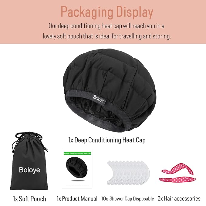 Flaxseed Deep Conditioning Heat Cap - Boloye Cordless 100% Safe Microwave Hot Cap for Natural Curly Textured Hair Care, Drying, Styling, Curling, Universal size (10 PCS One-time shower cap) (Black)
